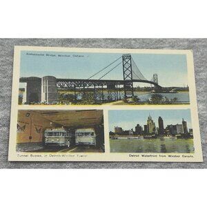 Ambassador Bridge to Detroit in Windsor Canada 1930's Postcard
